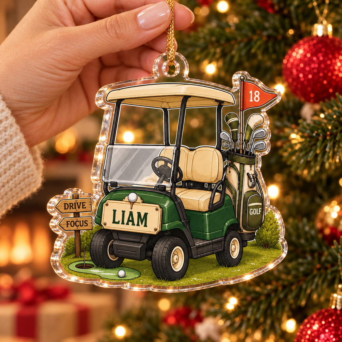 Personalized Golf Cart Ornament, Custom Name and Number Acrylic Christmas Decoration for Golfers