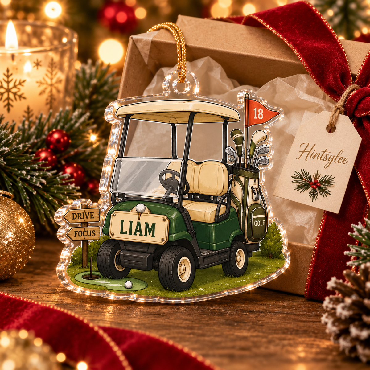 Personalized Golf Cart Ornament, Custom Name and Number Acrylic Christmas Decoration for Golfers