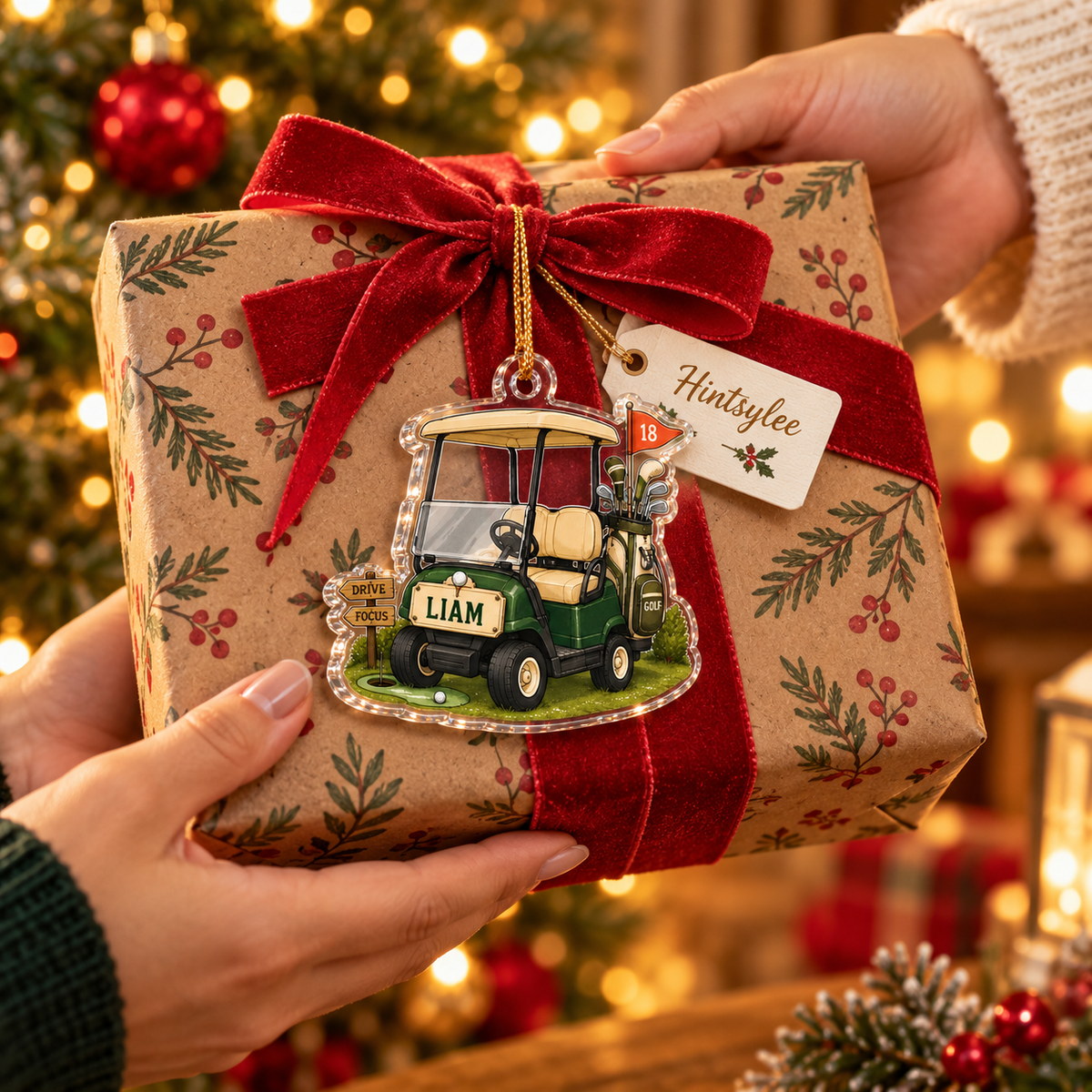 Personalized Golf Cart Ornament, Custom Name and Number Acrylic Christmas Decoration for Golfers