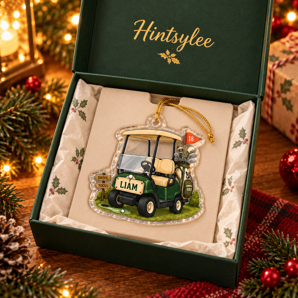 Personalized Golf Cart Ornament, Custom Name and Number Acrylic Christmas Decoration for Golfers