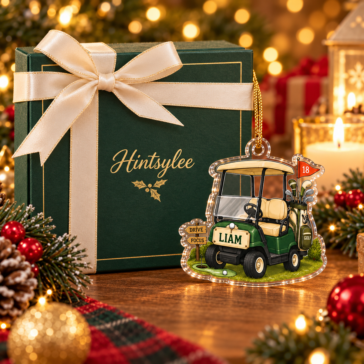 Personalized Golf Cart Ornament, Custom Name and Number Acrylic Christmas Decoration for Golfers