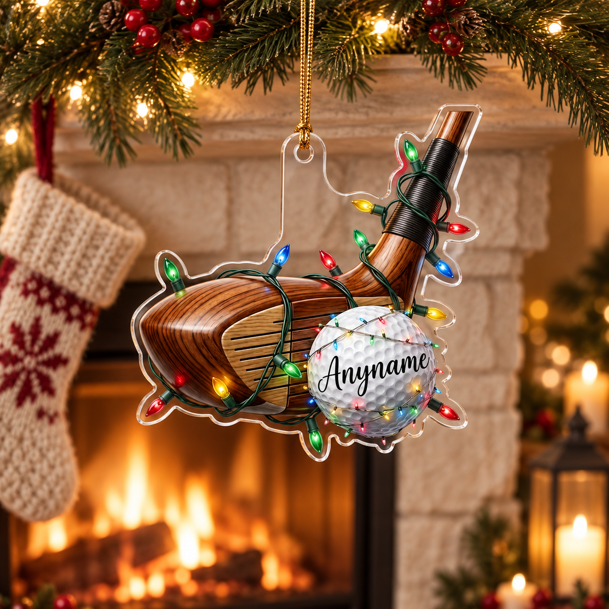 Personalized Golf Club Christmas Ornament, Custom Name Golf Ball Acrylic Tree Decoration with Holiday Lights