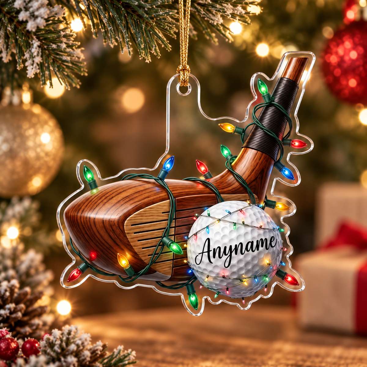 Personalized Golf Club Christmas Ornament, Custom Name Golf Ball Acrylic Tree Decoration with Holiday Lights