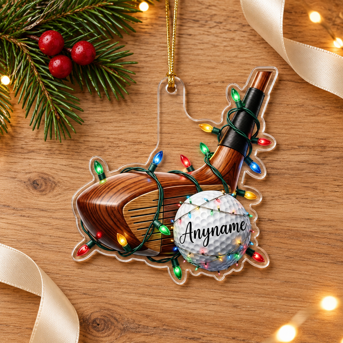 Personalized Golf Club Christmas Ornament, Custom Name Golf Ball Acrylic Tree Decoration with Holiday Lights