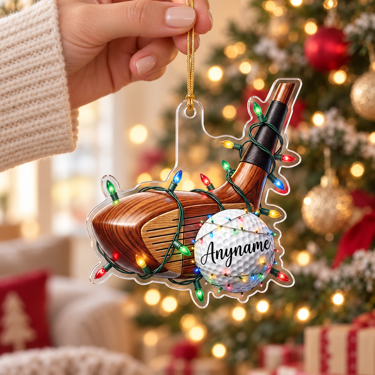 Personalized Golf Club Christmas Ornament, Custom Name Golf Ball Acrylic Tree Decoration with Holiday Lights