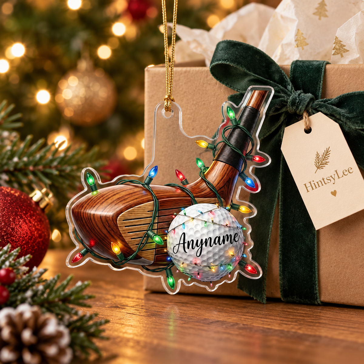 Personalized Golf Club Christmas Ornament, Custom Name Golf Ball Acrylic Tree Decoration with Holiday Lights