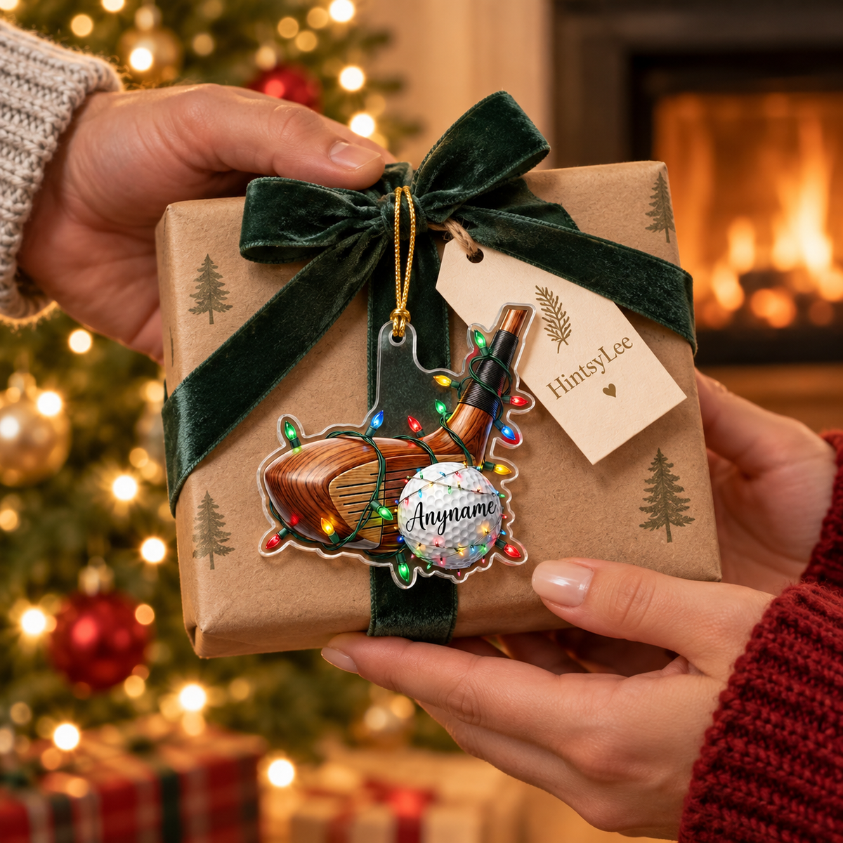 Personalized Golf Club Christmas Ornament, Custom Name Golf Ball Acrylic Tree Decoration with Holiday Lights