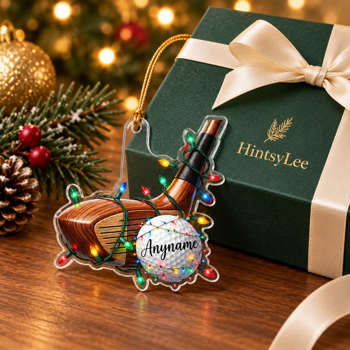Personalized Golf Club Christmas Ornament, Custom Name Golf Ball Acrylic Tree Decoration with Holiday Lights