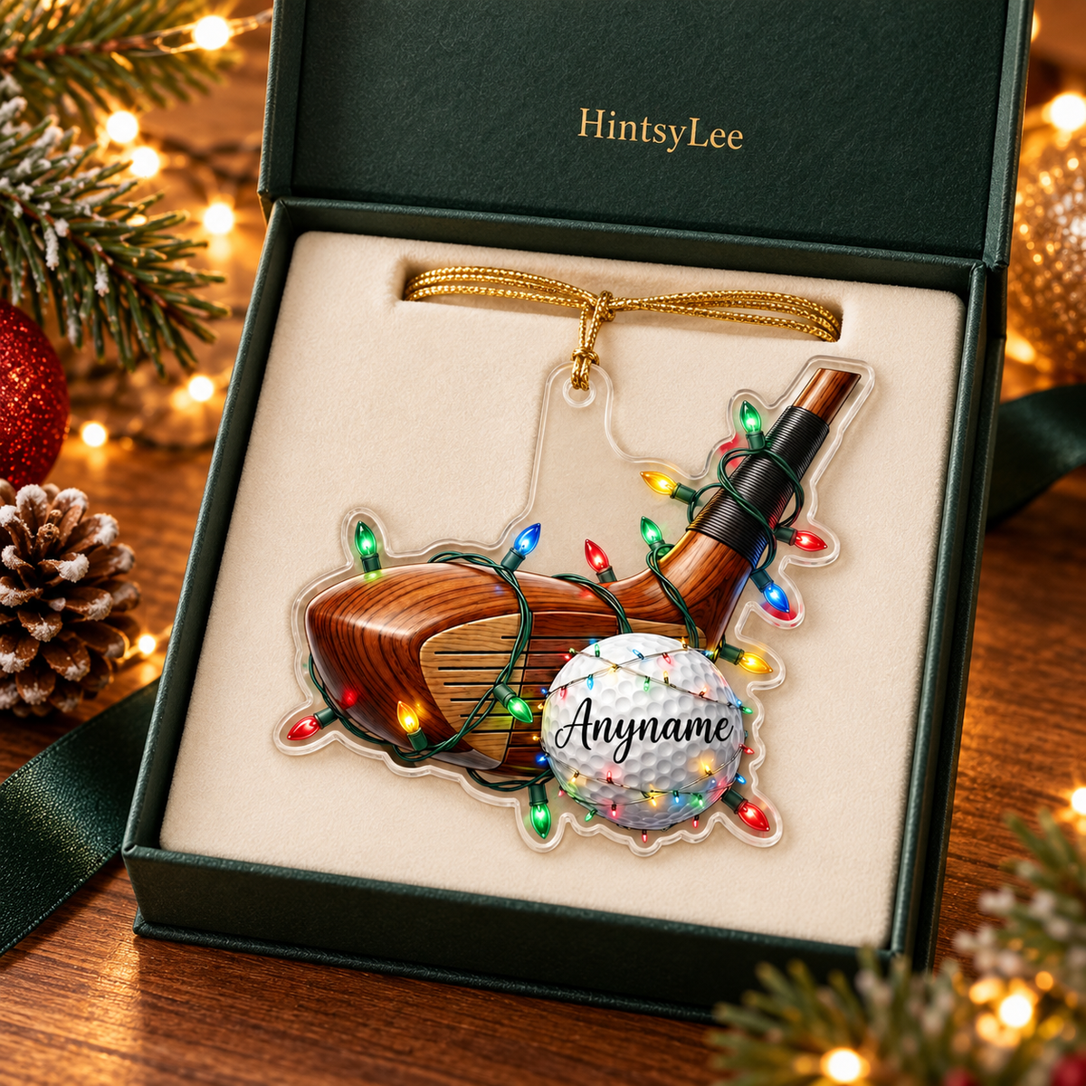 Personalized Golf Club Christmas Ornament, Custom Name Golf Ball Acrylic Tree Decoration with Holiday Lights