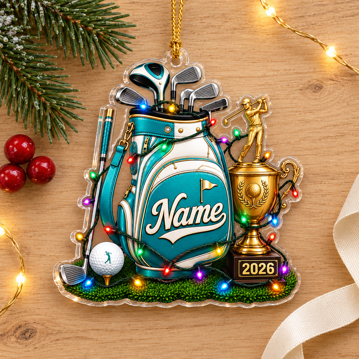 Personalized Golf Christmas Ornament, Custom Name and 2026 Trophy Acrylic Tree Decoration