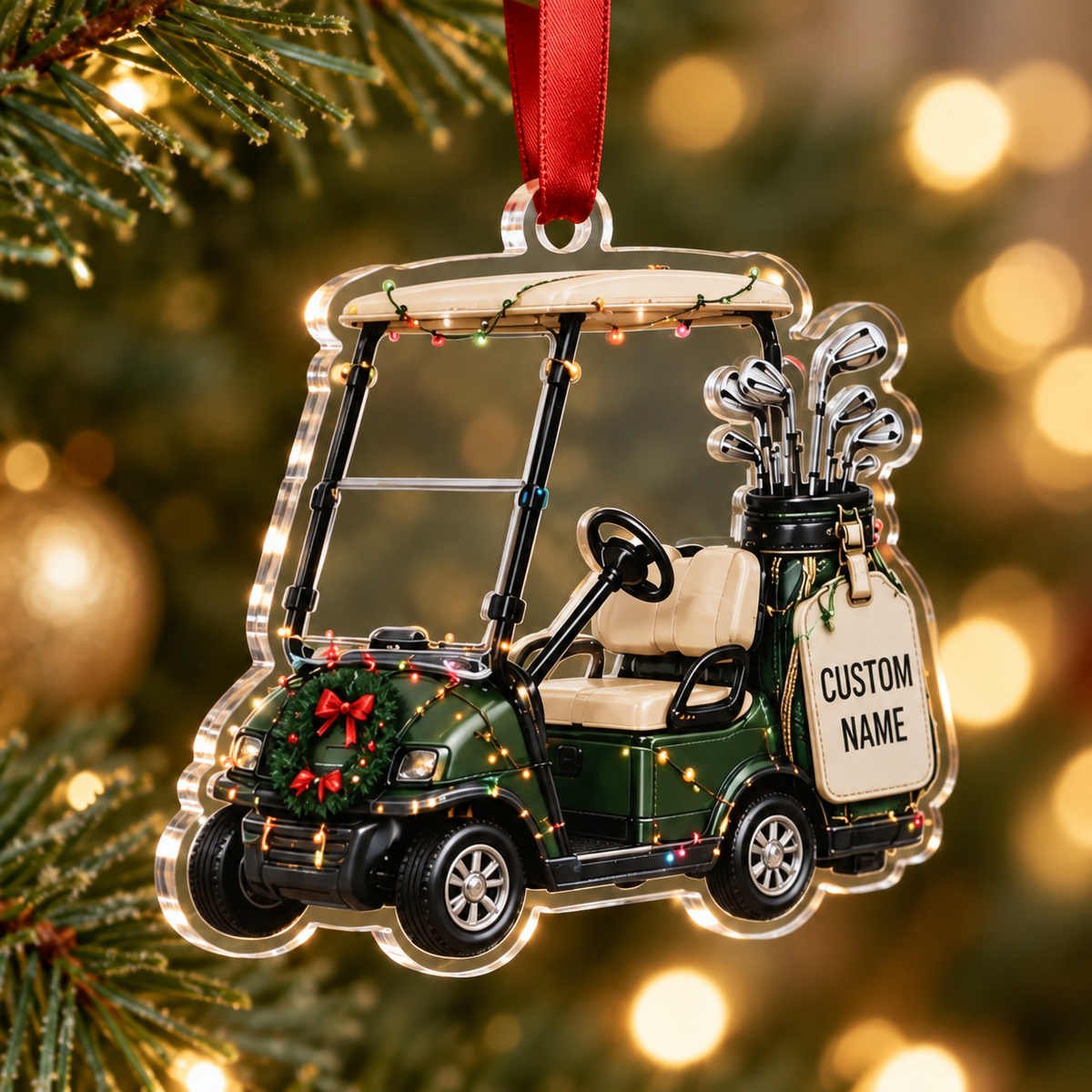 Personalized Golf Cart Christmas Ornament, Custom Name Acrylic Tree Decoration for Golfers
