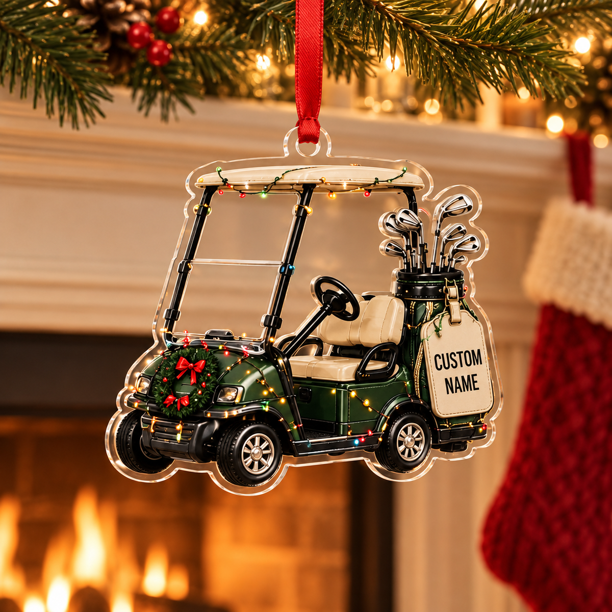 Personalized Golf Cart Christmas Ornament, Custom Name Acrylic Tree Decoration for Golfers