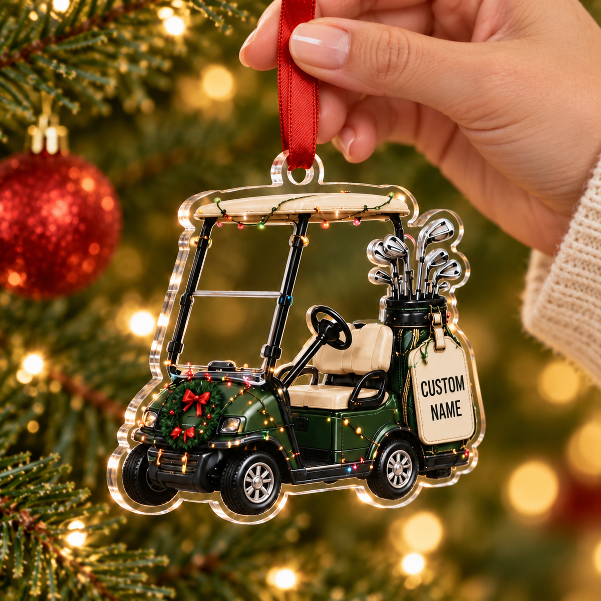 Personalized Golf Cart Christmas Ornament, Custom Name Acrylic Tree Decoration for Golfers