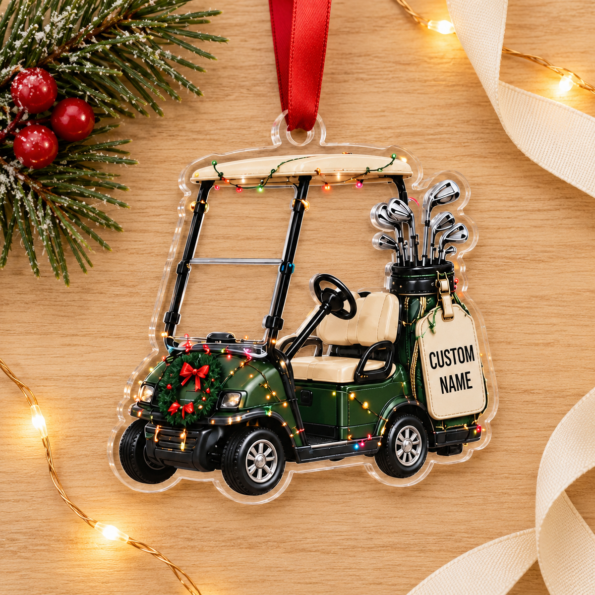 Personalized Golf Cart Christmas Ornament, Custom Name Acrylic Tree Decoration for Golfers
