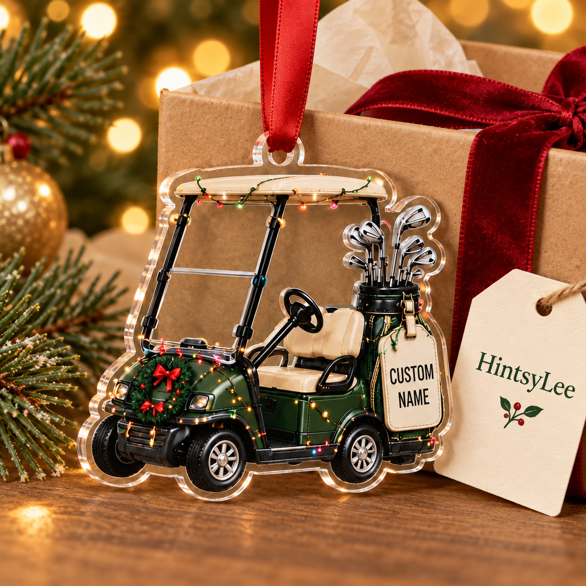 Personalized Golf Cart Christmas Ornament, Custom Name Acrylic Tree Decoration for Golfers