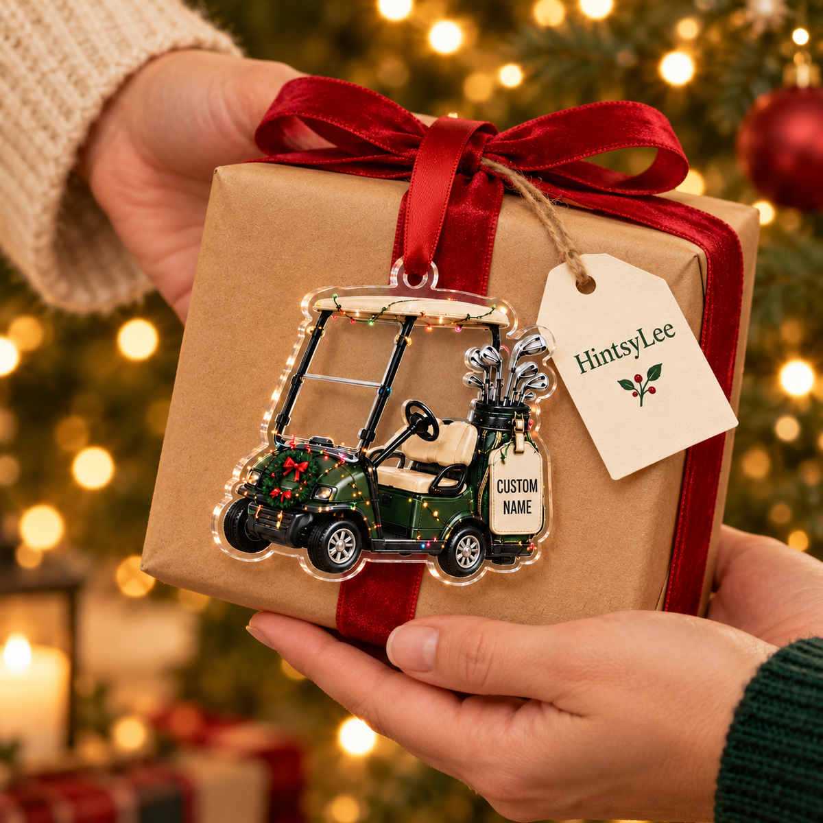 Personalized Golf Cart Christmas Ornament, Custom Name Acrylic Tree Decoration for Golfers