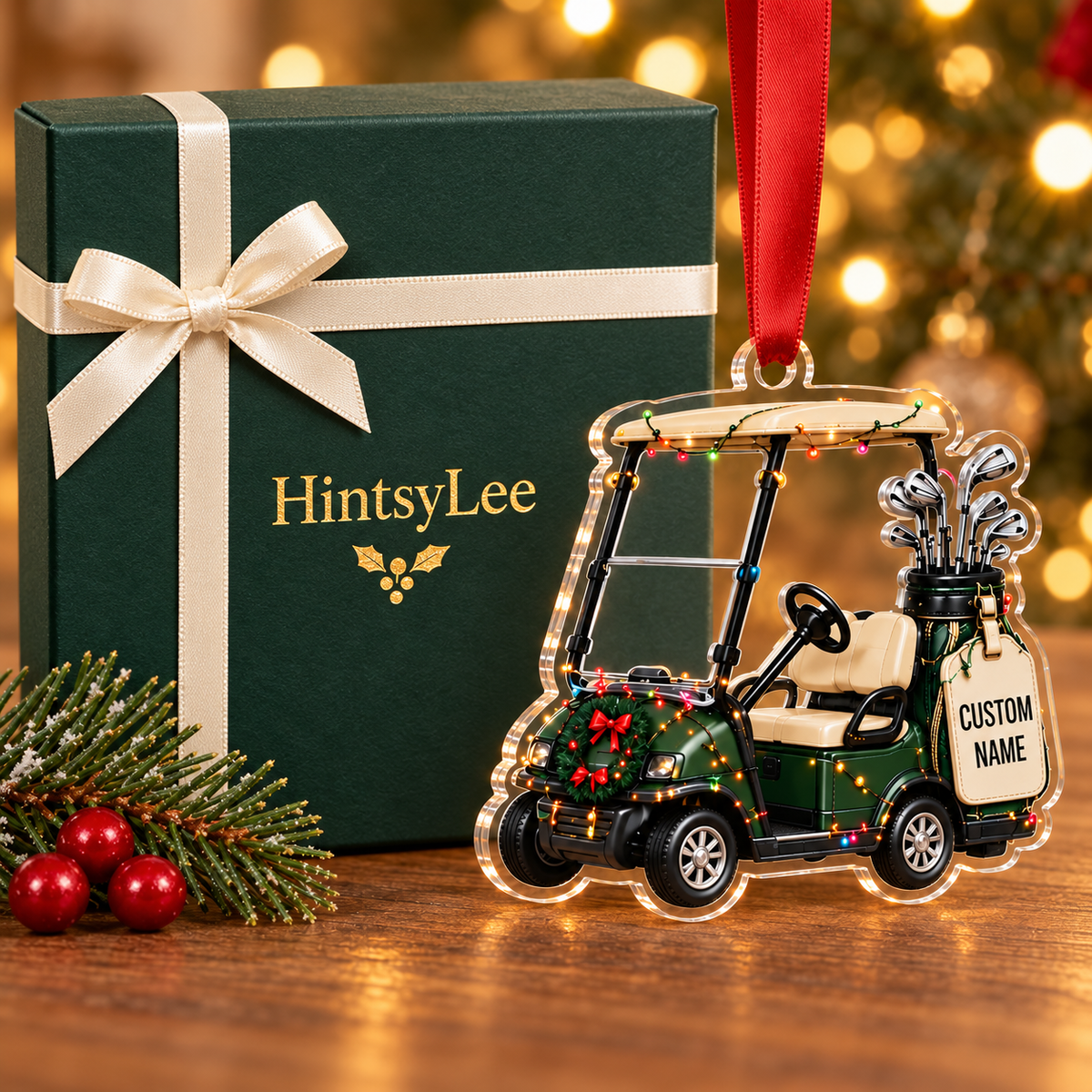 Personalized Golf Cart Christmas Ornament, Custom Name Acrylic Tree Decoration for Golfers