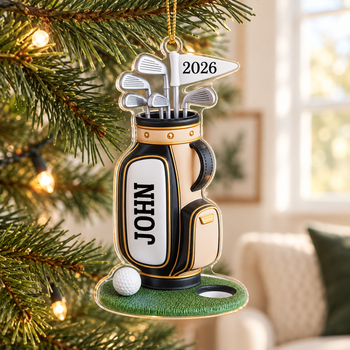Personalized Golf Bag Christmas Ornament, Custom Name and Year Acrylic Tree Decoration for Golfers
