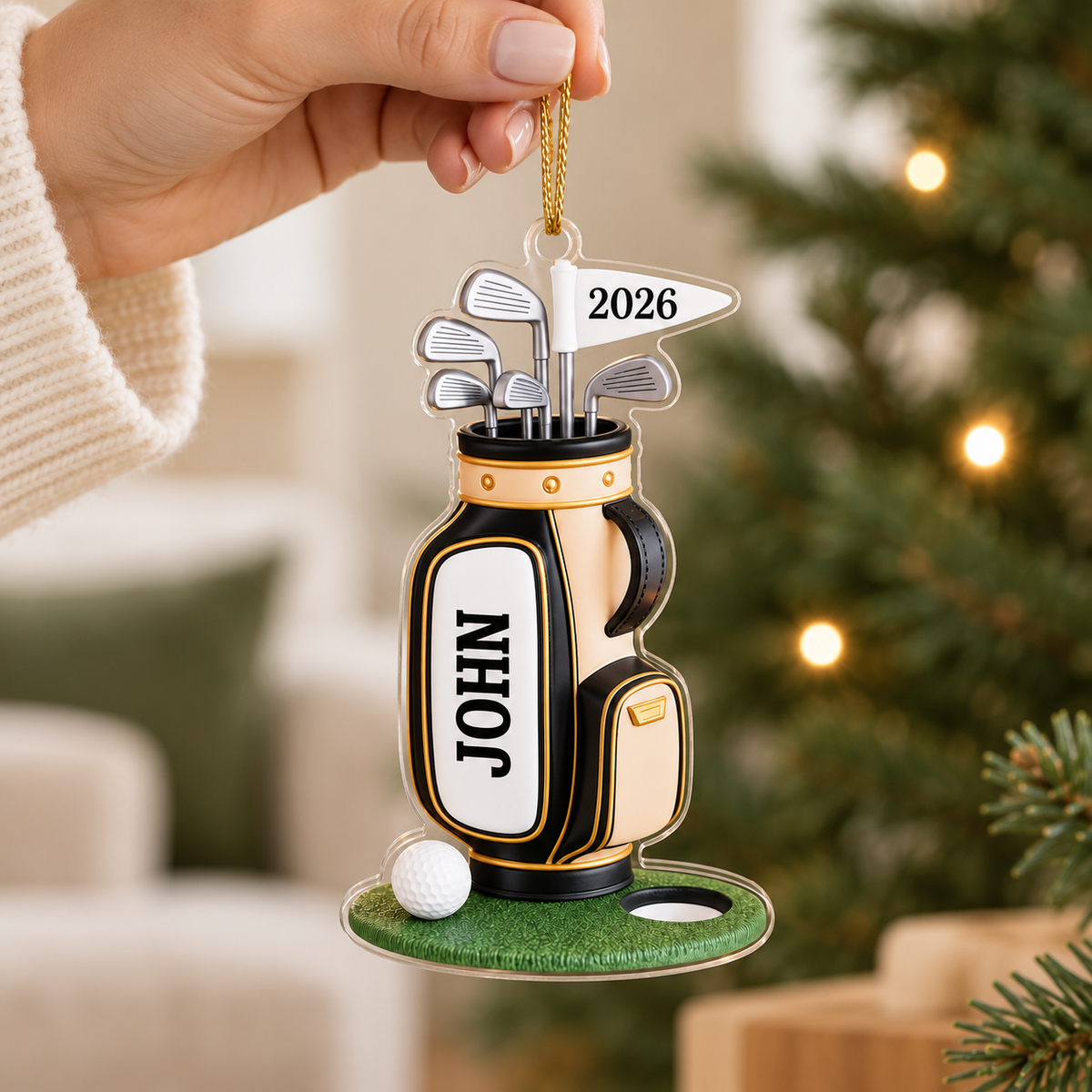 Personalized Golf Bag Christmas Ornament, Custom Name and Year Acrylic Tree Decoration for Golfers