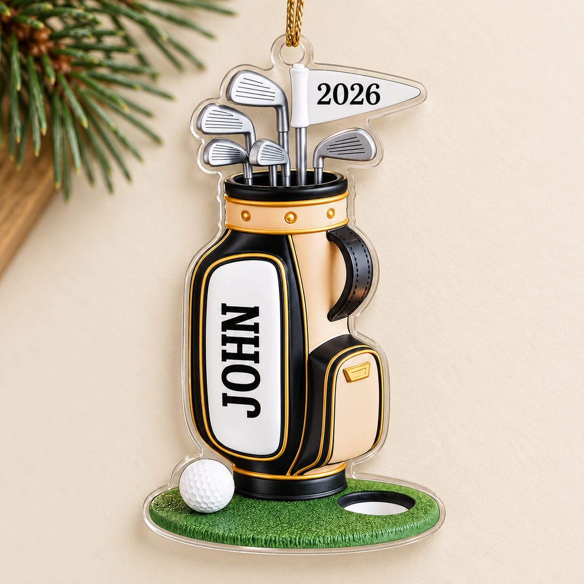 Personalized Golf Bag Christmas Ornament, Custom Name and Year Acrylic Tree Decoration for Golfers