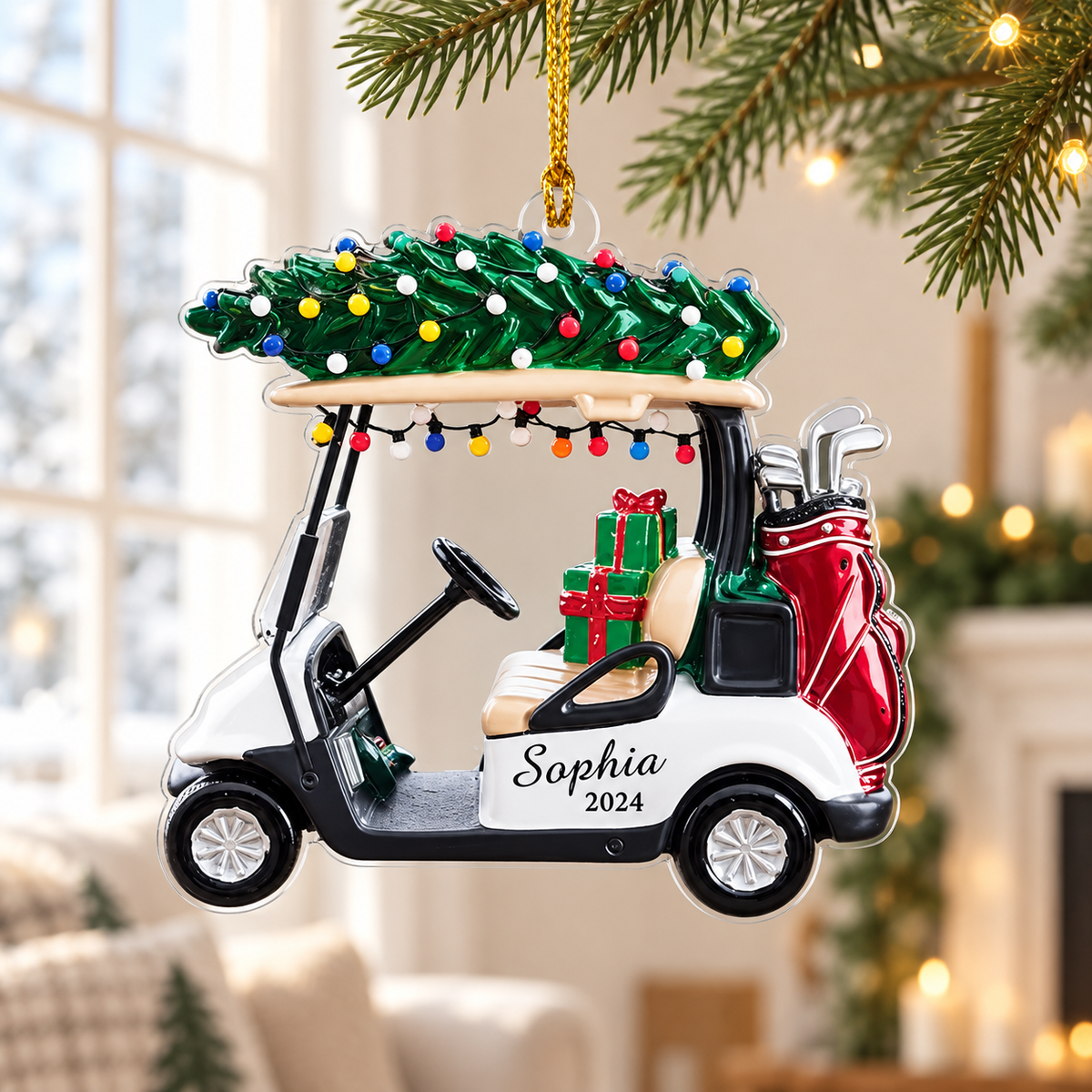 Personalized Golf Cart Christmas Ornament, Custom Name and Year Acrylic Tree Decoration with Gifts
