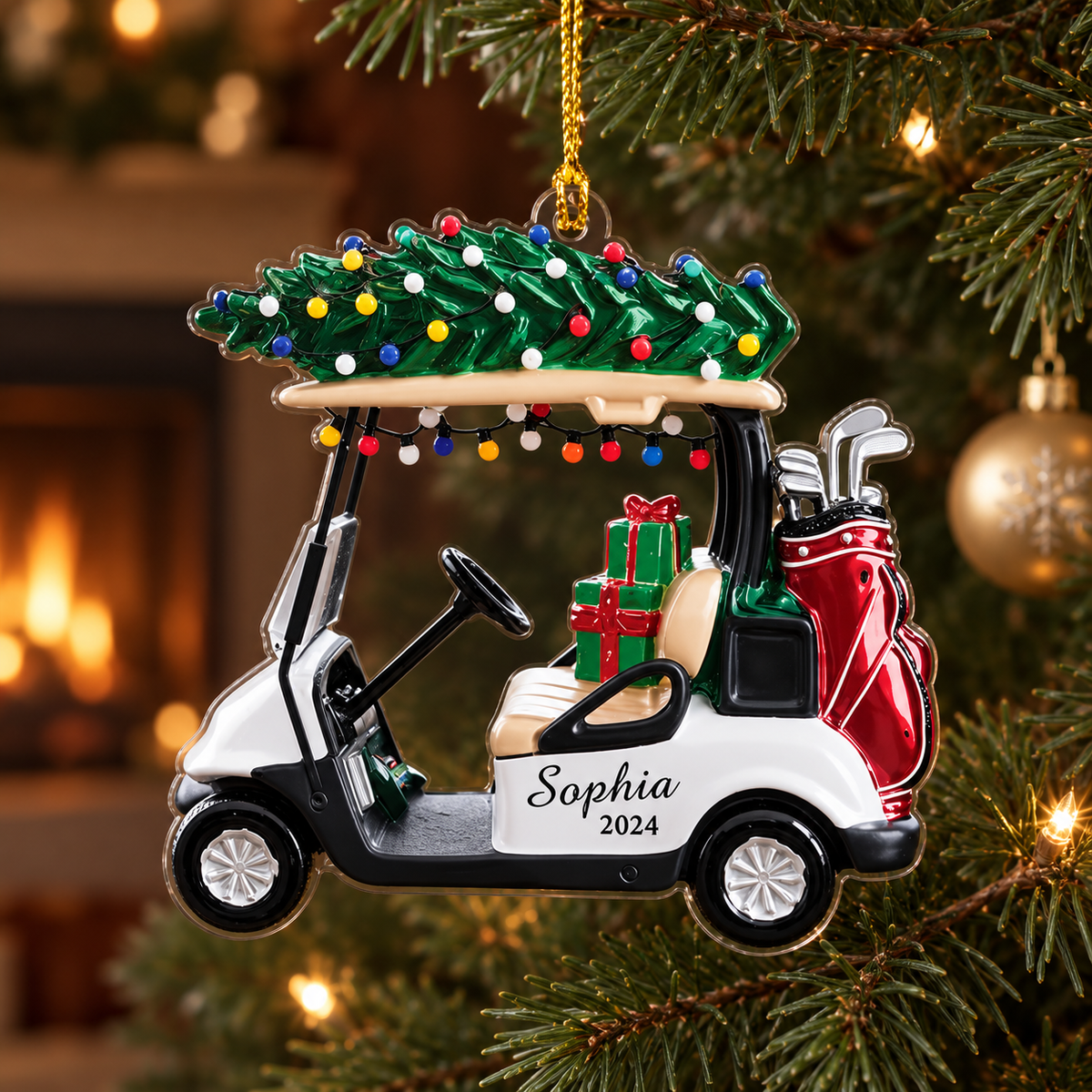 Personalized Golf Cart Christmas Ornament, Custom Name and Year Acrylic Tree Decoration with Gifts