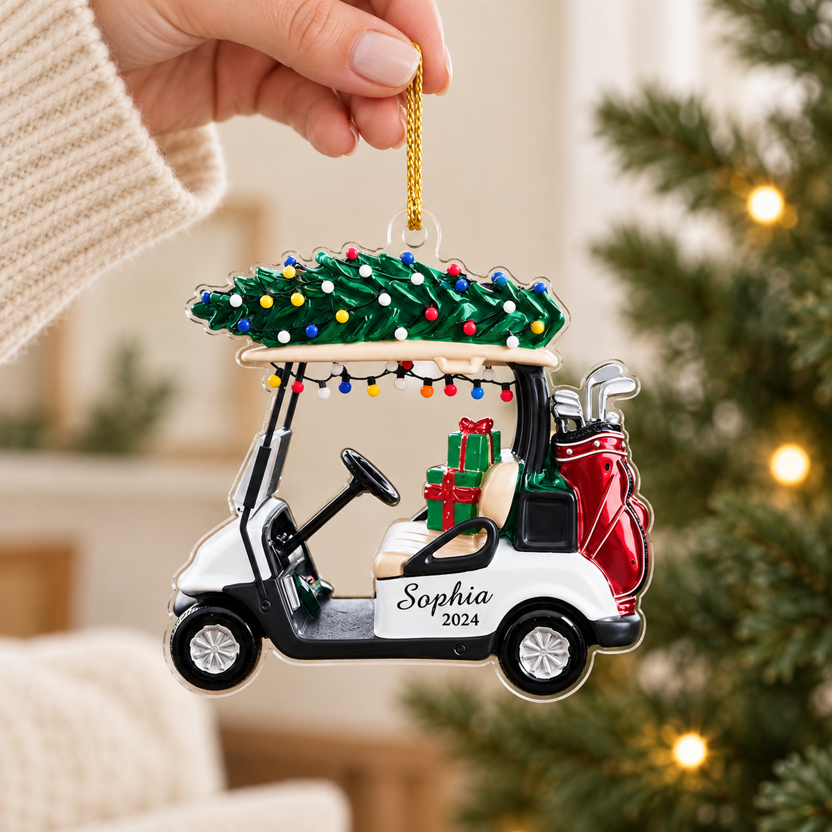 Personalized Golf Cart Christmas Ornament, Custom Name and Year Acrylic Tree Decoration with Gifts