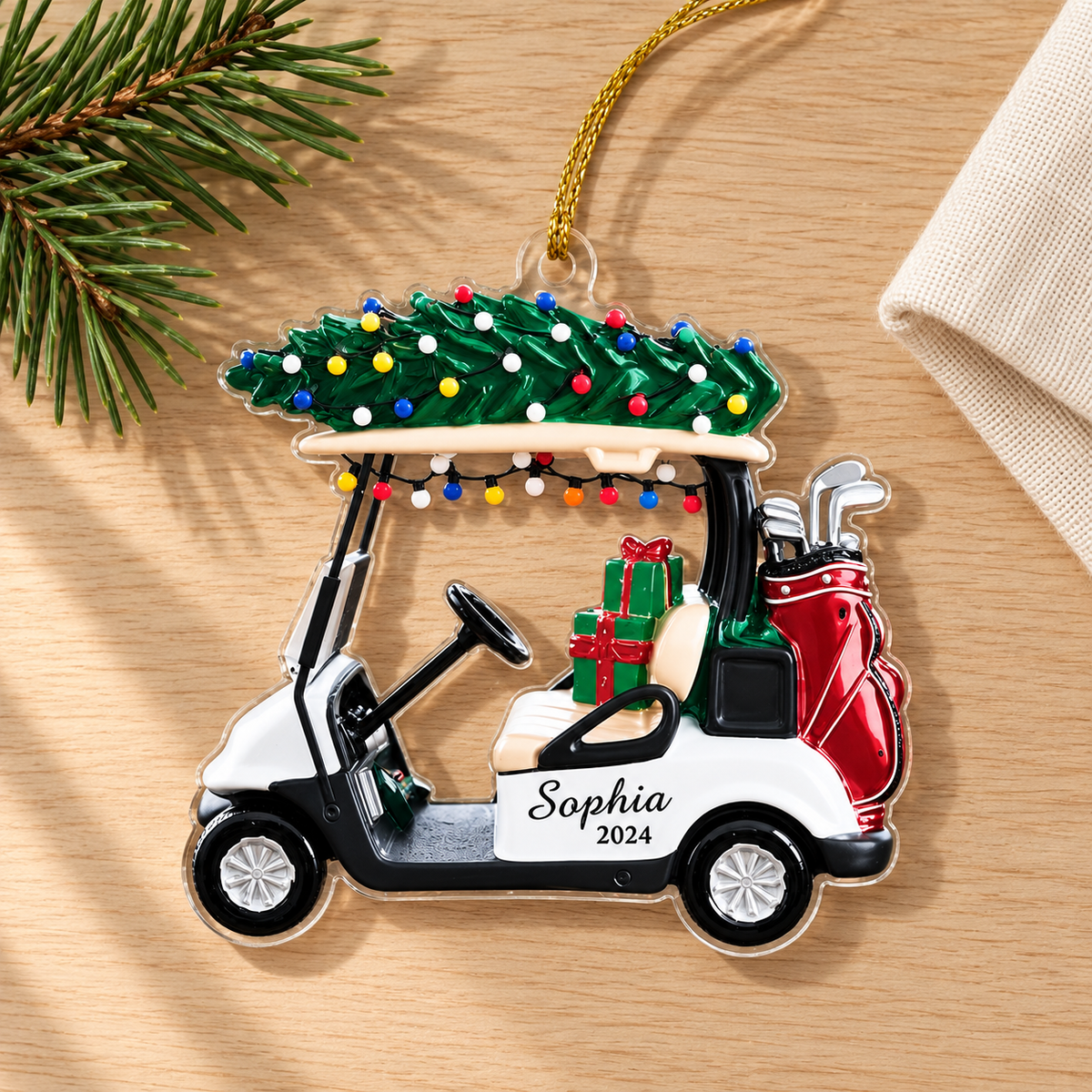 Personalized Golf Cart Christmas Ornament, Custom Name and Year Acrylic Tree Decoration with Gifts