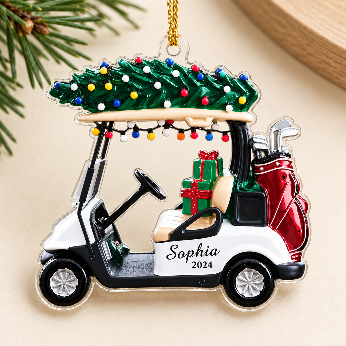 Personalized Golf Cart Christmas Ornament, Custom Name and Year Acrylic Tree Decoration with Gifts