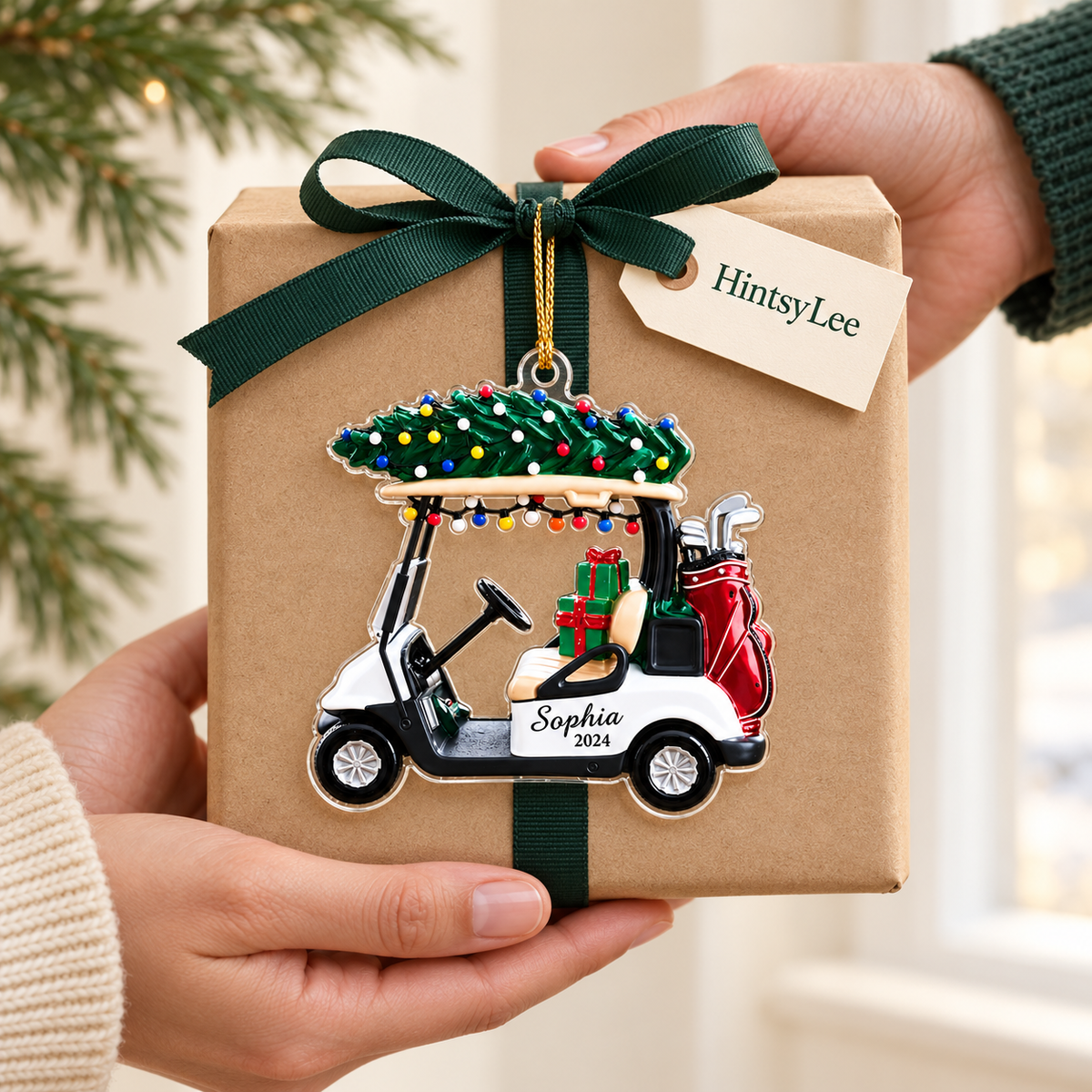 Personalized Golf Cart Christmas Ornament, Custom Name and Year Acrylic Tree Decoration with Gifts