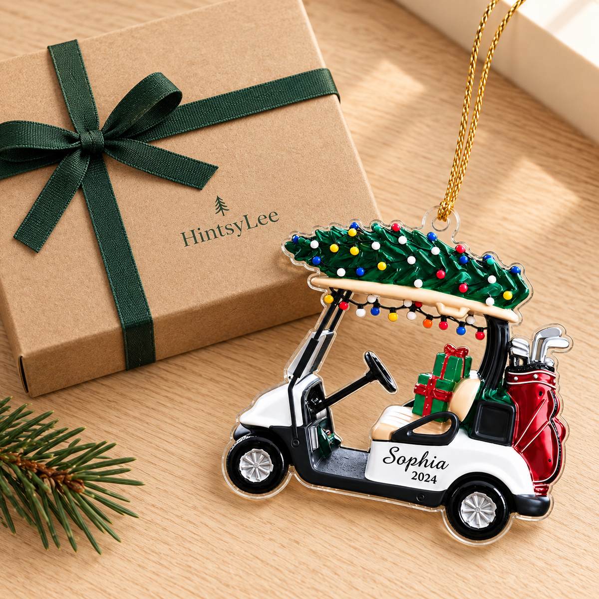 Personalized Golf Cart Christmas Ornament, Custom Name and Year Acrylic Tree Decoration with Gifts