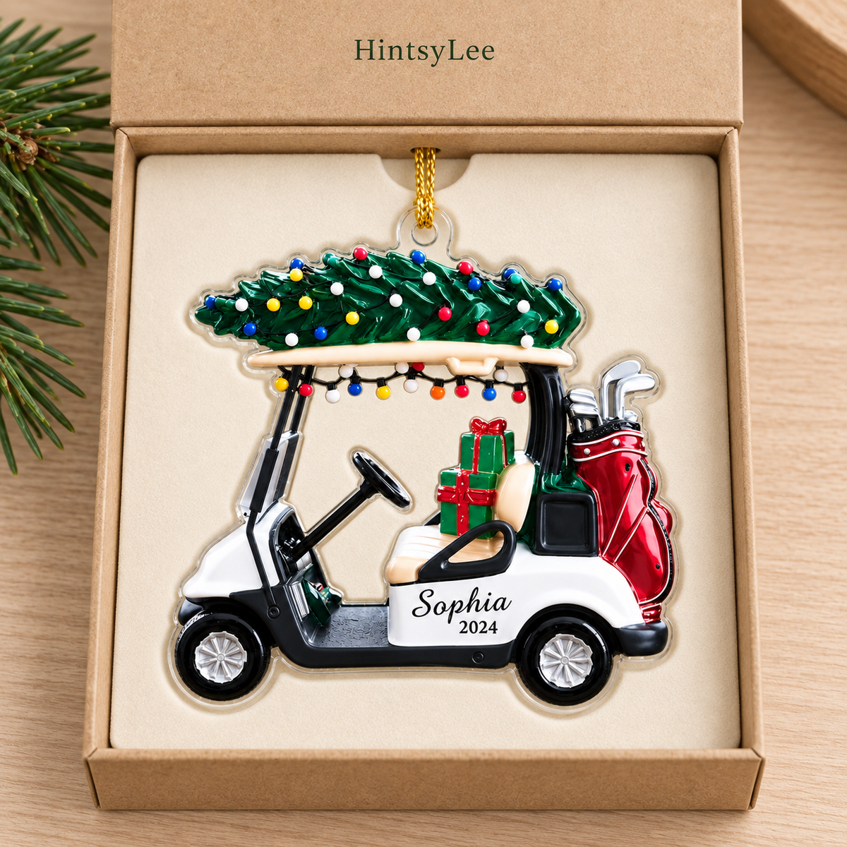 Personalized Golf Cart Christmas Ornament, Custom Name and Year Acrylic Tree Decoration with Gifts