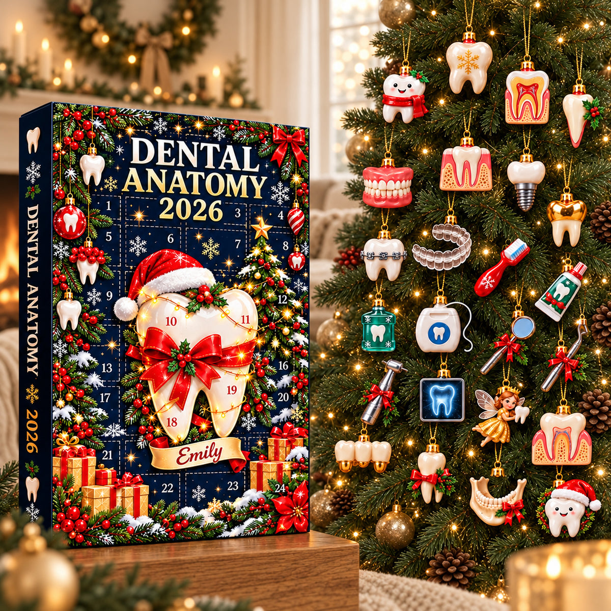 Dental Anatomy Advent Calendar 2026, Personalized Dentist Christmas Countdown Box, 24 Tooth Ornaments, Dental Hygienist Holiday Gift 2026