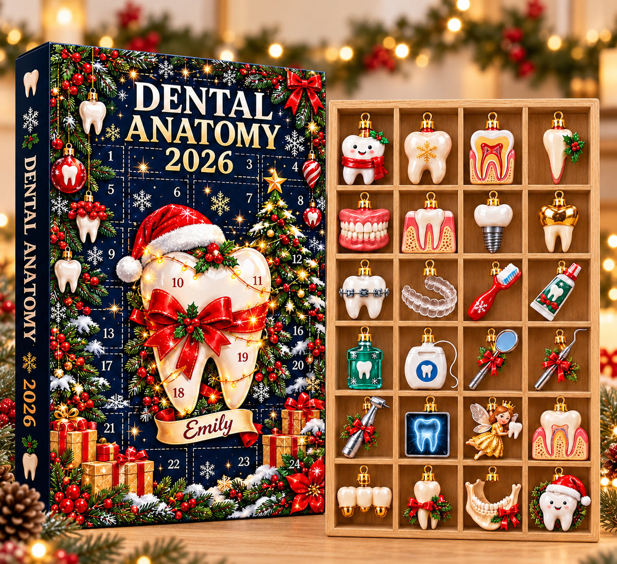 Dental Anatomy Advent Calendar 2026, Personalized Dentist Christmas Countdown Box, 24 Tooth Ornaments, Dental Hygienist Holiday Gift 2026