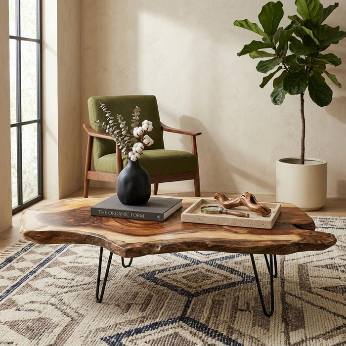 Live Edge Coffee Table, Rustic Solid Wood Table for Natural Farmhouse Living Room - WCT0019