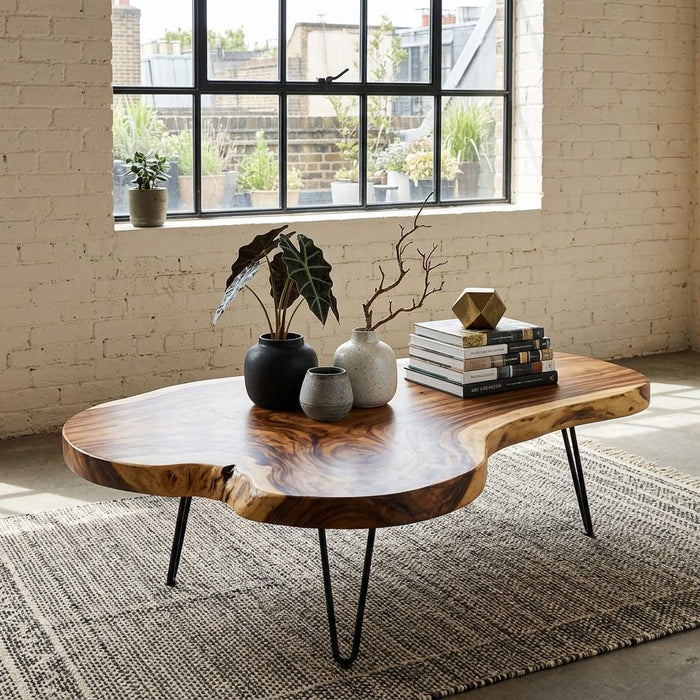 Live Edge Coffee Table, Rustic Solid Wood Table for Natural Farmhouse Living Room - WCT0006