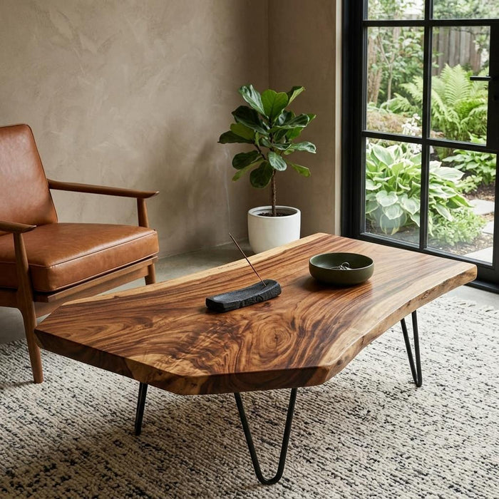 Live Edge Coffee Table, Rustic Solid Wood Table for Natural Farmhouse Living Room - WCT0016