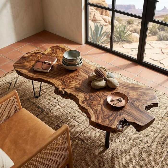 Live Edge Coffee Table, Rustic Solid Wood Table for Natural Farmhouse Living Room - WCT0030