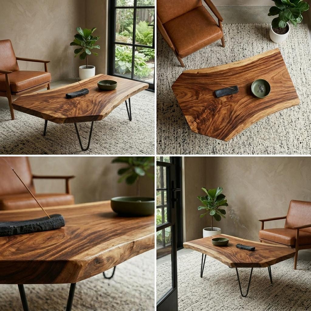Live Edge Coffee Table, Rustic Solid Wood Table for Natural Farmhouse Living Room - WCT0008