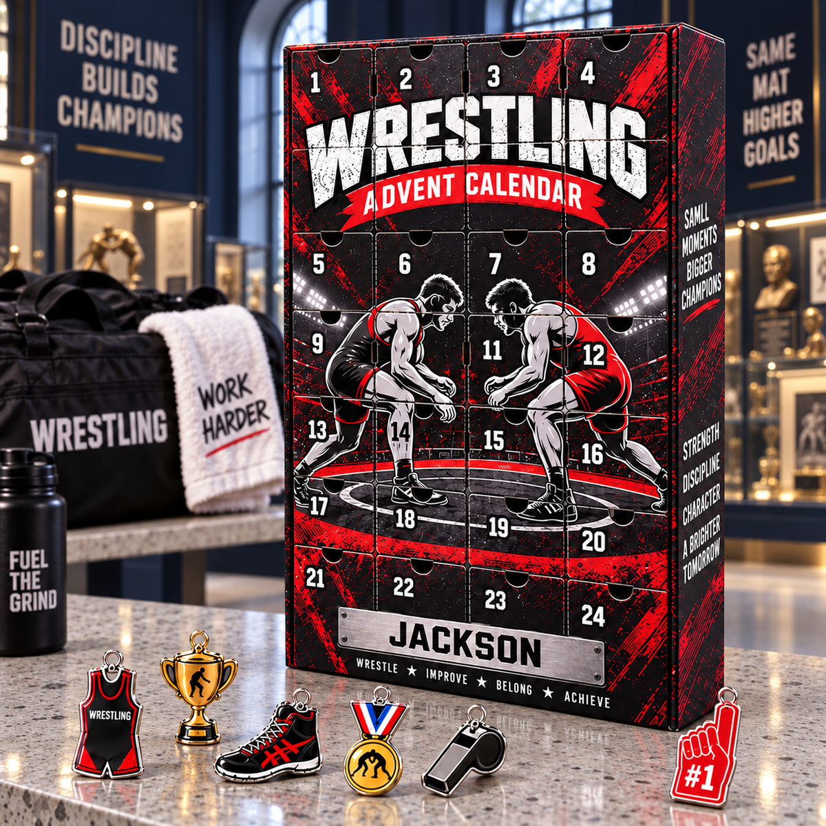 2026 Wrestling Advent Calendar with Custom Name, 24-Day Christmas Countdown Box with Wrestling Ornaments, Holiday Gift for Wrestlers, Coaches and Fans