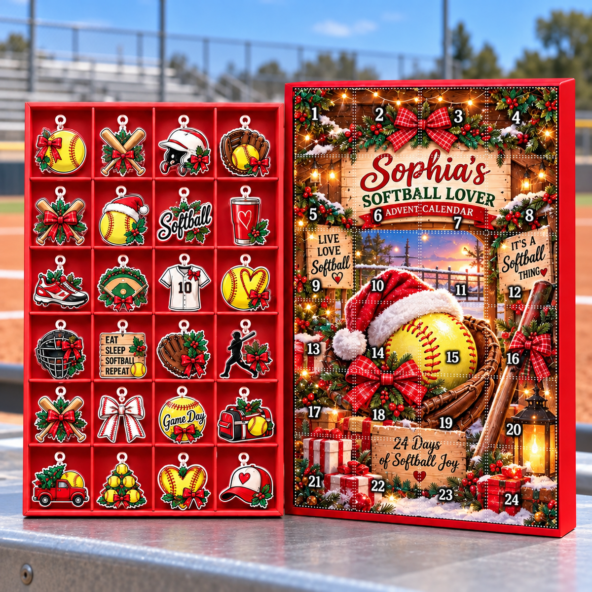 Personalized Softball Advent Calendar 2026 with 24 Ornaments