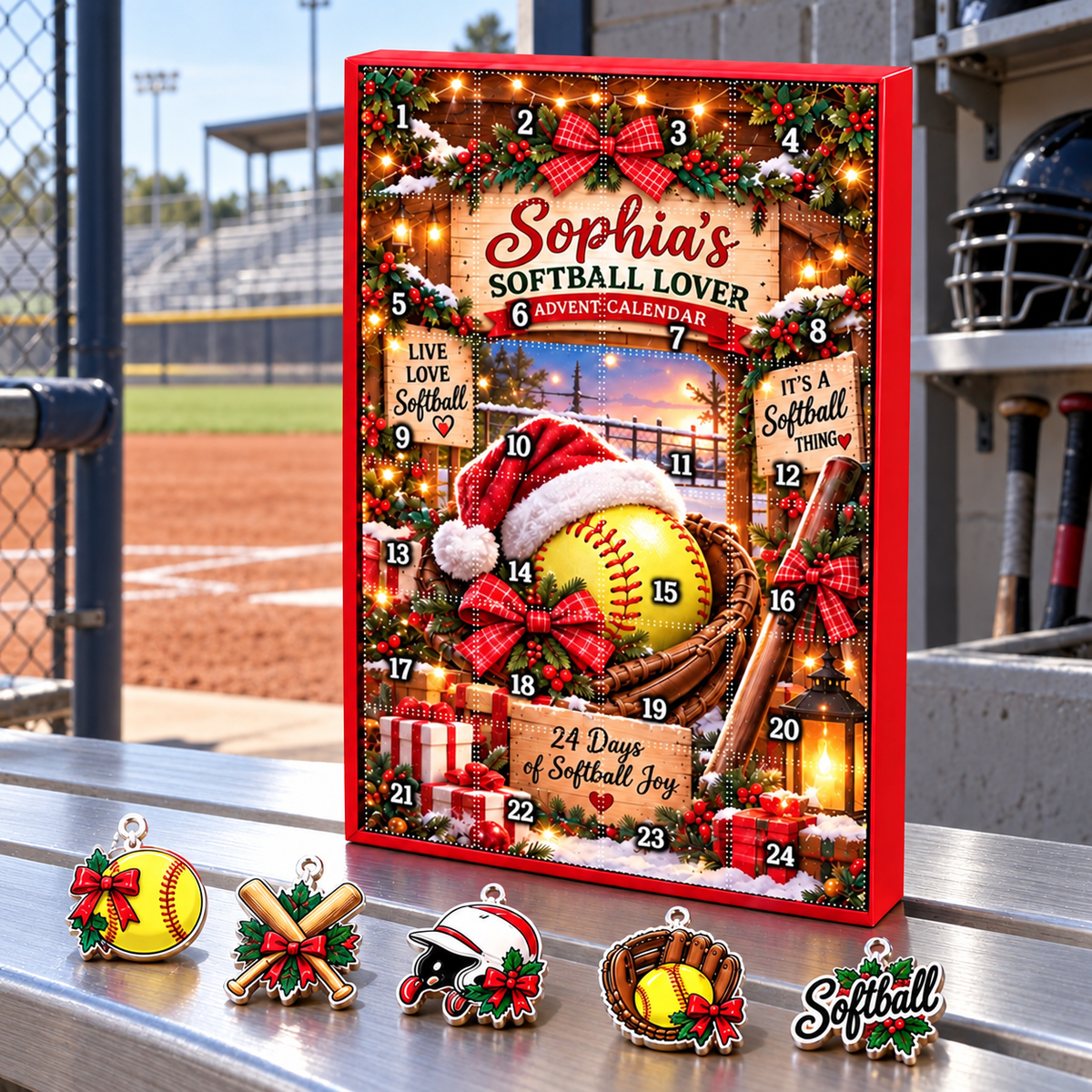 Personalized Softball Advent Calendar 2026 with 24 Ornaments