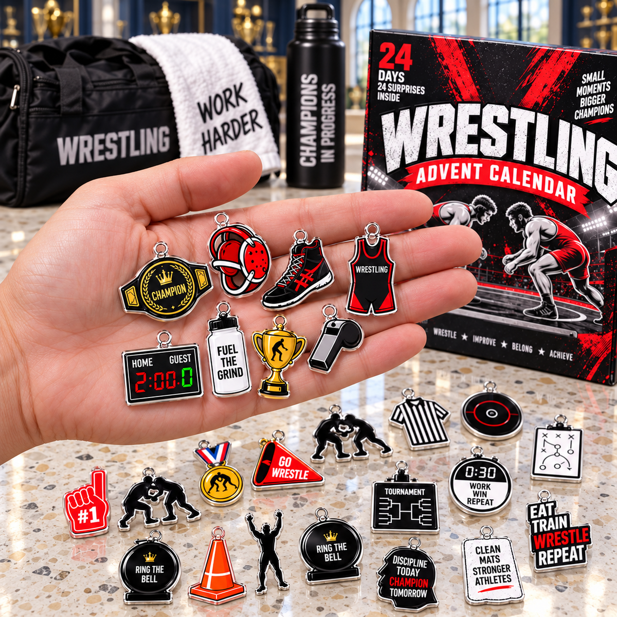 2026 Wrestling Advent Calendar with Custom Name, 24-Day Christmas Countdown Box with Wrestling Ornaments, Holiday Gift for Wrestlers, Coaches and Fans