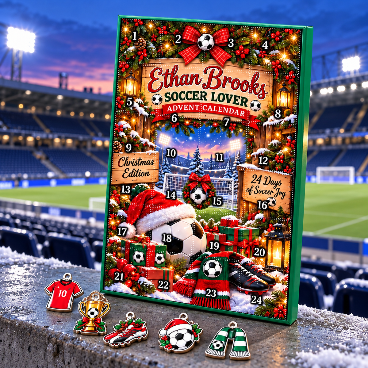 2026 Christmas Soccer Advent Calendar with Custom Name, 24-Day Countdown