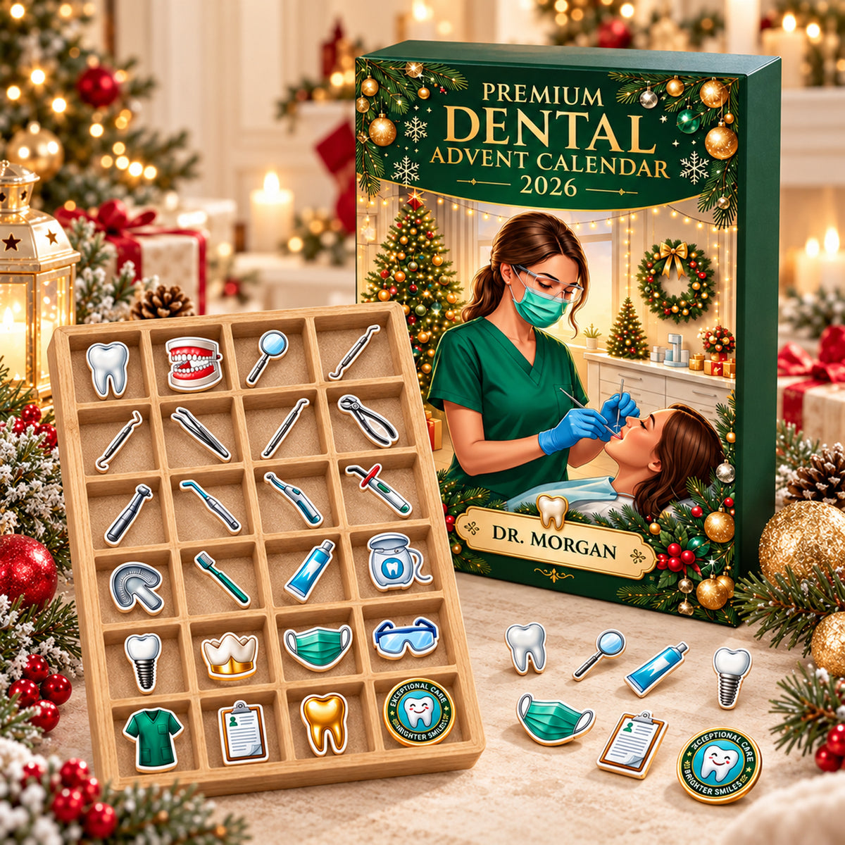 Personalized Dental Advent Calendar, Custom Name 24 Day Christmas Countdown, Dentist Dental Hygienist Ornaments, Holiday Advent Calendar