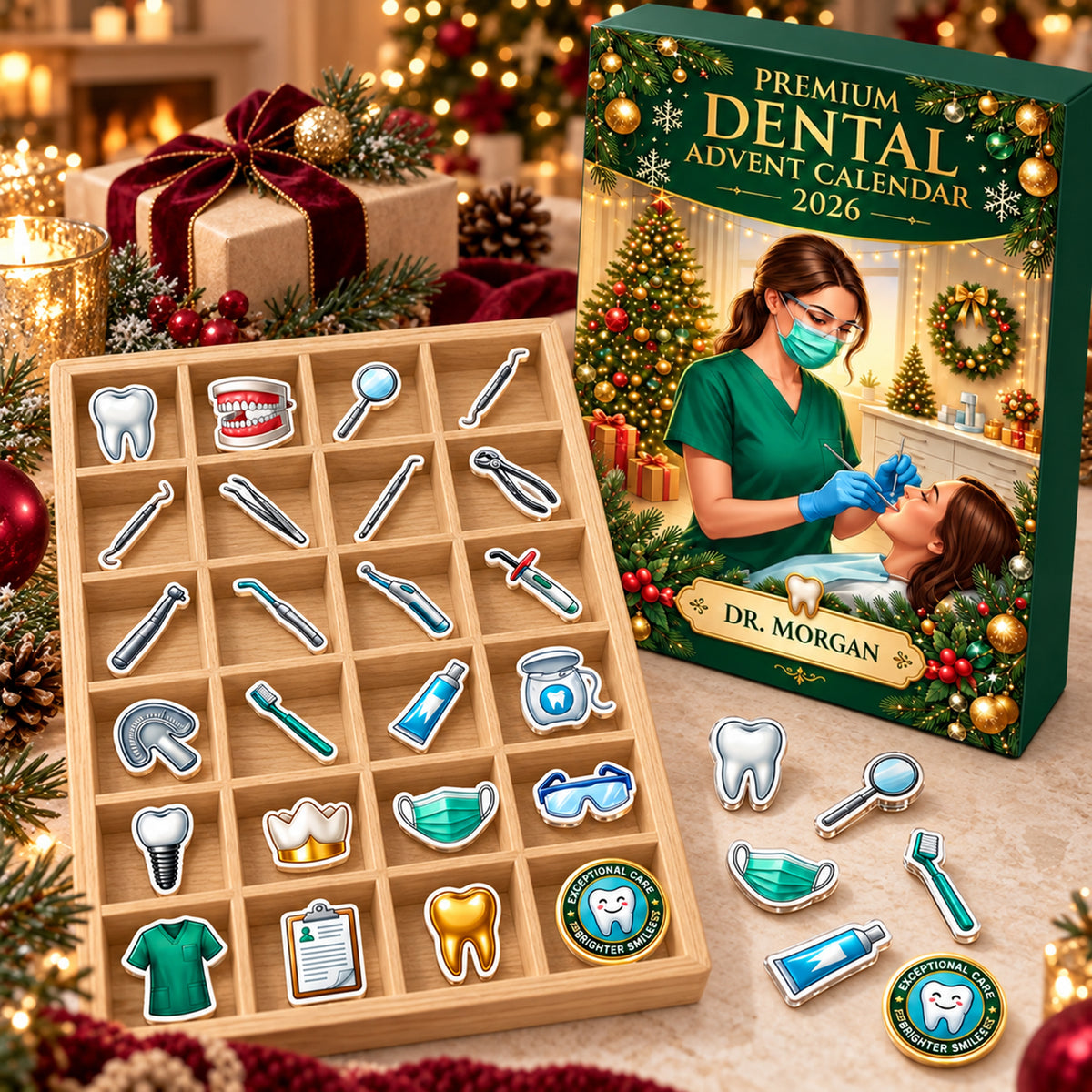 Personalized Dental Advent Calendar, Custom Name 24 Day Christmas Countdown, Dentist Dental Hygienist Ornaments, Holiday Advent Calendar