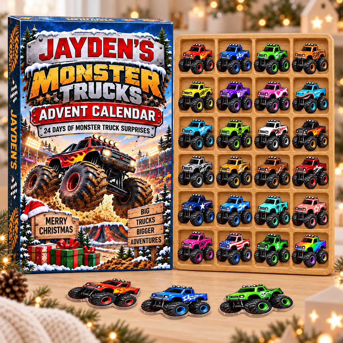 Personalized Monster Truck Advent Calendar 2026, Custom Name Racing Truck 24 Days Countdown Box, Christmas Gift for BoysToddlerKids