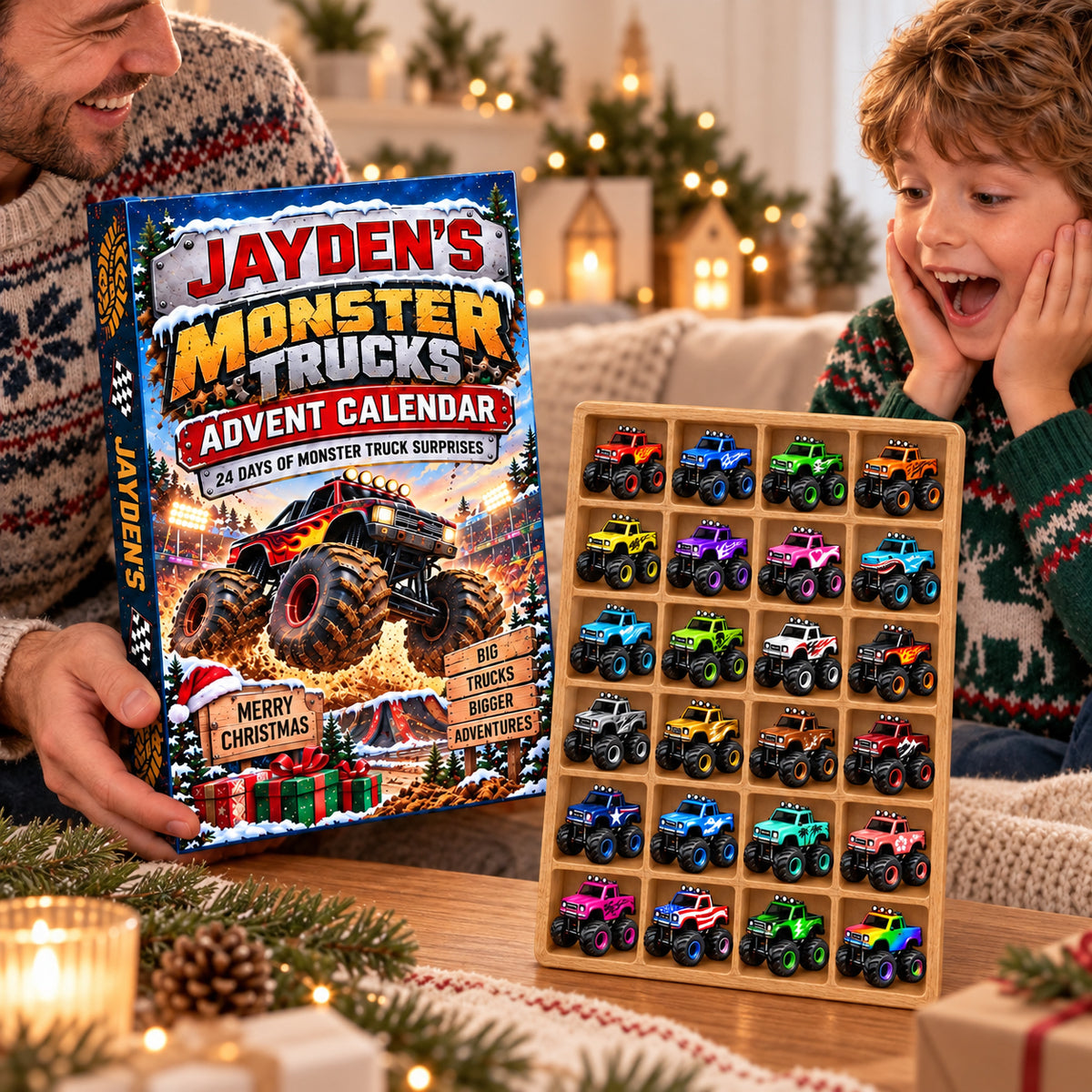 Personalized Monster Truck Advent Calendar 2026, Custom Name Racing Truck 24 Days Countdown Box, Christmas Gift for BoysToddlerKids