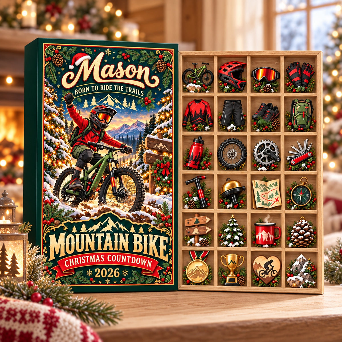Personalized Mountain Bike Advent Calendar 2026, MTB Cycling Christmas Countdown Box, 24 Bike Gear Ornaments, Biker Holiday Decor, Gift 2026