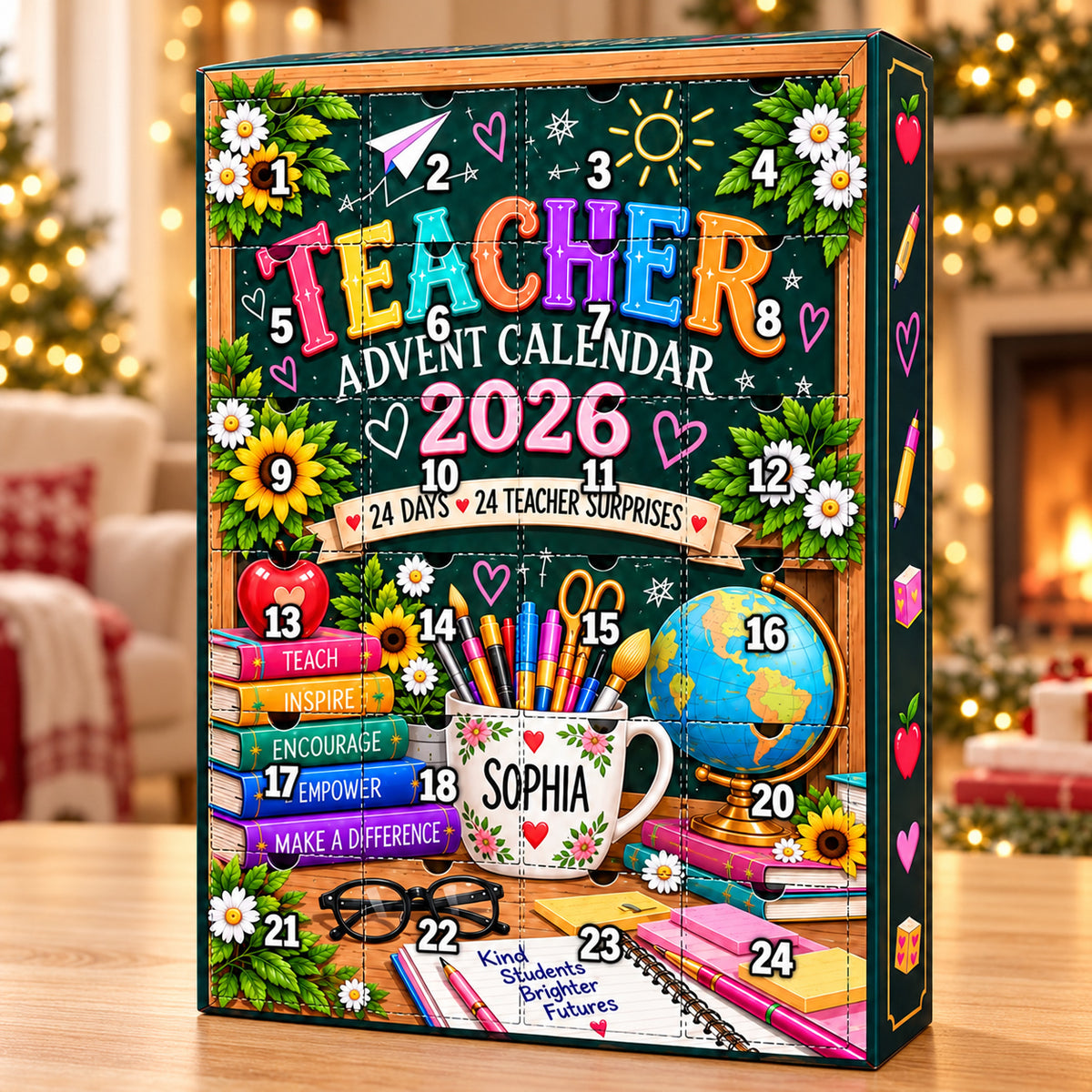 Personalized Teacher Advent Calendar with Charms, Custom Name Blind Box, 24 Day Christmas Gift
